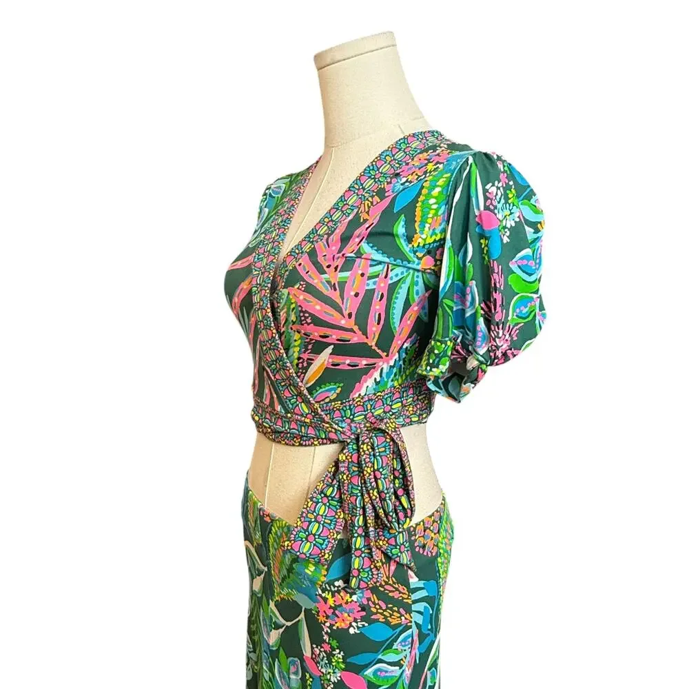 Lilly Pulitzer 2 Piece Tropical Wrap Crop Top Maxi Skirt Set XXS Floral Resort